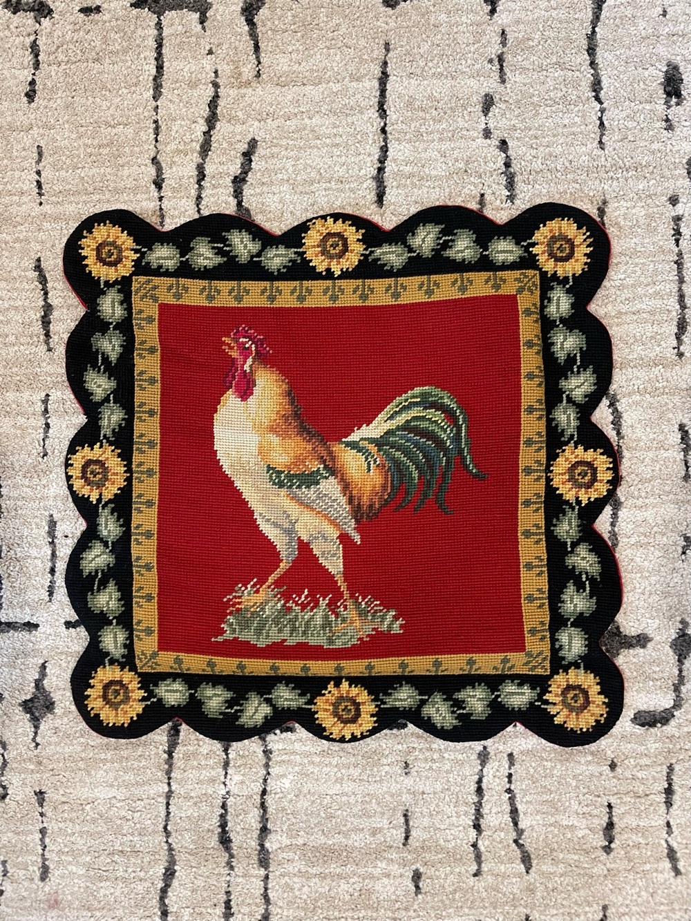 READ French Country Rooster Needlepoint Pillowcase 14" Sunflower scalloped Trim